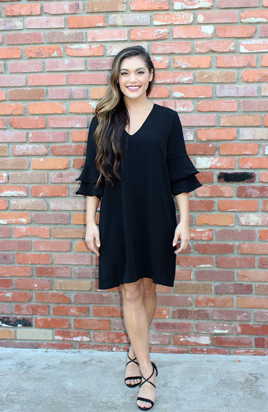 Ruffle Sleeve Shift Dress In Black