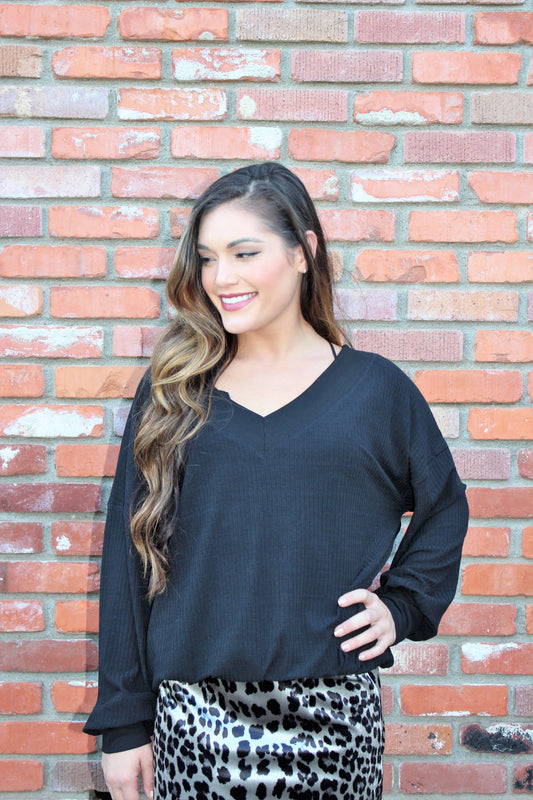 Ribbed Knit V Neck Top With Bishop Sleeves In Black On Or Off The Shoulder
