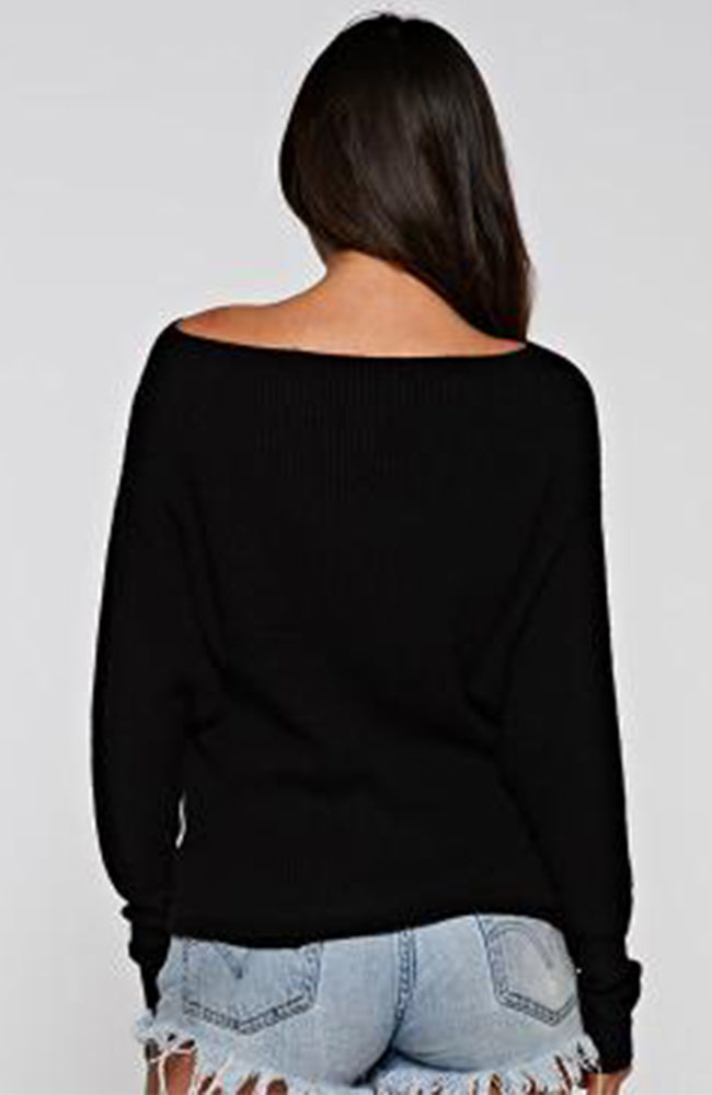  Off The Shoulder Black Love Stitch Waffle Knit Sweater
