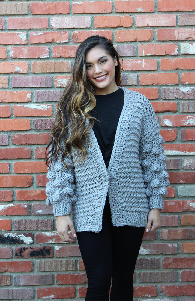 Hand Knit Pom Pom Sweater in Grey