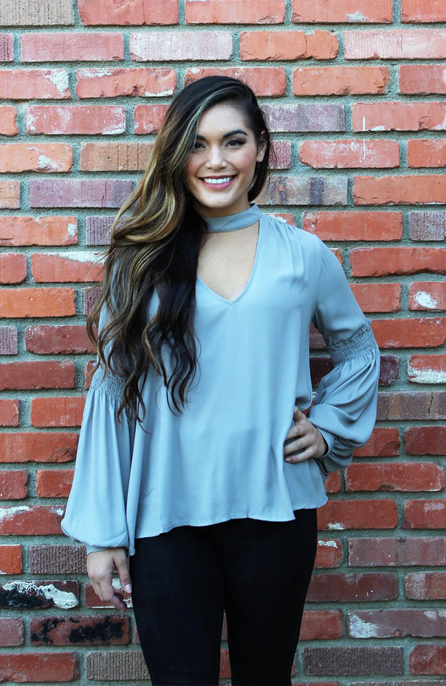 Grey Long Sleeve Blouse With Cutout V Neckline And Billowy Sleeves