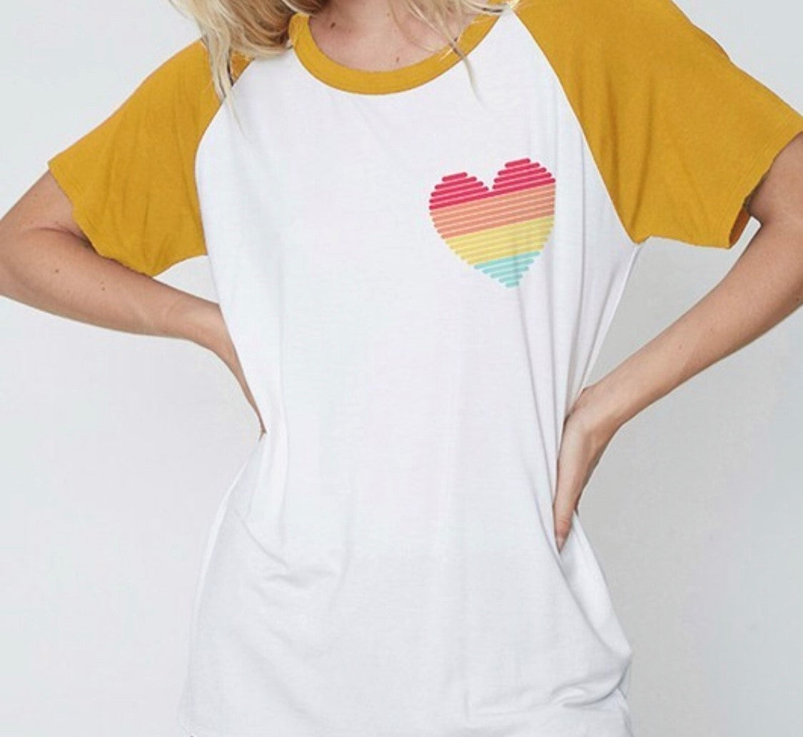 Gold and White Raglan T Shirt With Heart Graphic