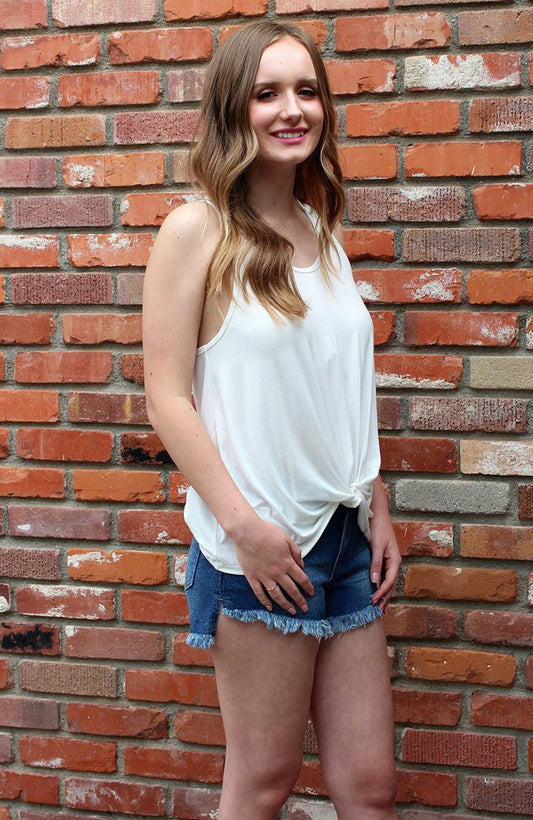 Just Black Denim High Low Denim Shorts in Medium Blue Wash