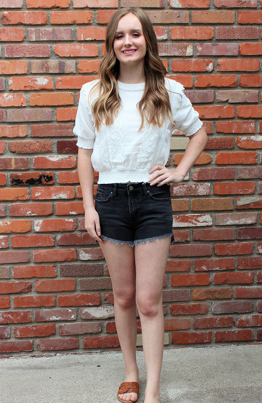 Just Black Denim High Low Frayed Hem Shorts in Washed Black