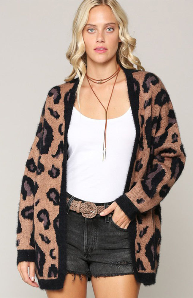 Leopard Print Long Sleeve Open Front Cardigan Camel And Black