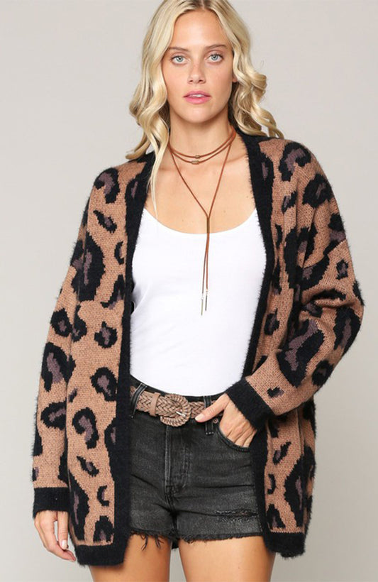 Leopard Print Long Sleeve Open Front Cardigan Camel And Black