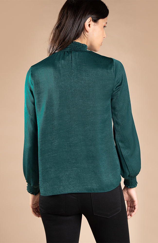 Smocked Forest Green Satin Long Sleeve Blouse With Keyhole Detail
