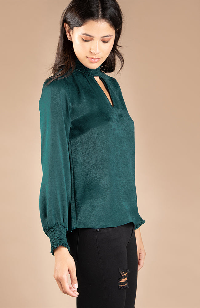 Smocked Forest Green Satin Long Sleeve Blouse With Keyhole Detail
