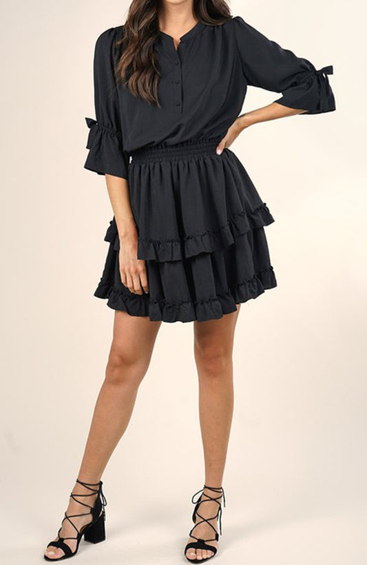 Falling For you Mini Ruffle Dress in Black