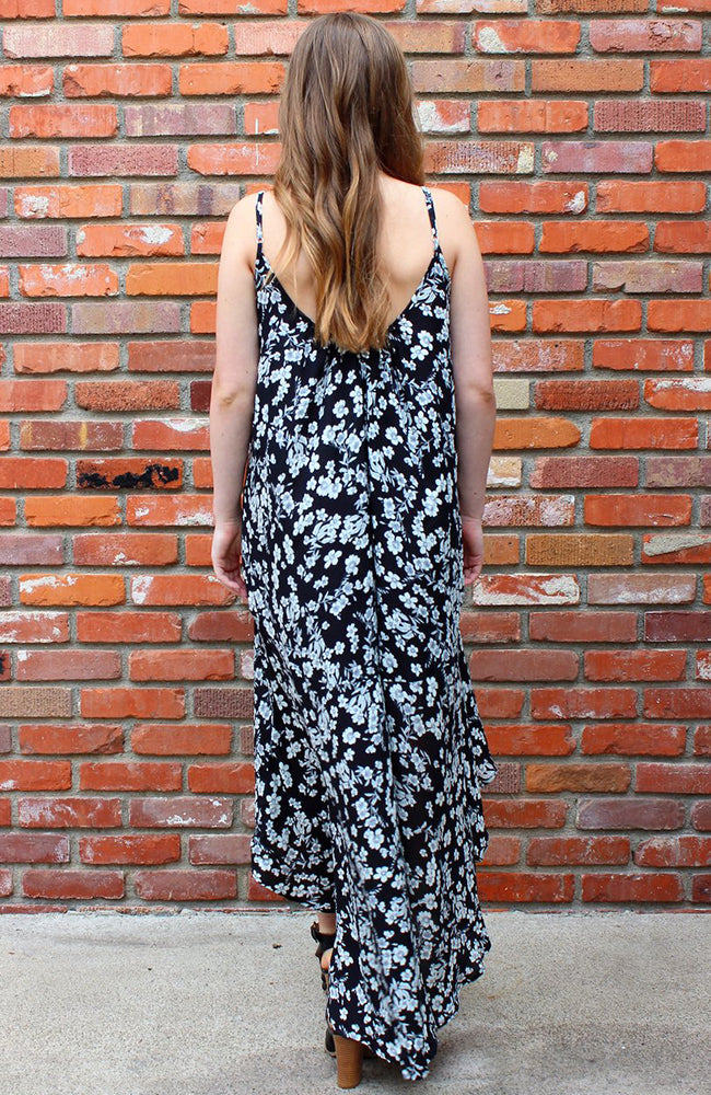 Black and White Floral Hi Low Ruffle Maxi Dress by Love Stitch