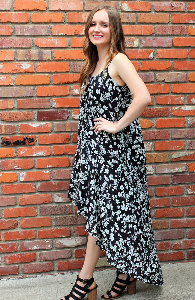 Black and White Floral Hi Low Ruffle Maxi Dress by Love Stitch