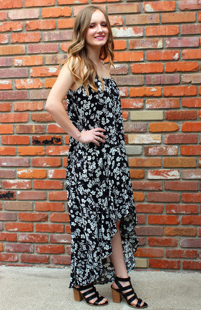 Black and White Floral Hi Low Ruffle Maxi Dress by Love Stitch
