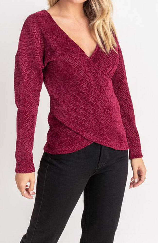 Chenille Crossover Surplice Sweater In Burgundy By Lush