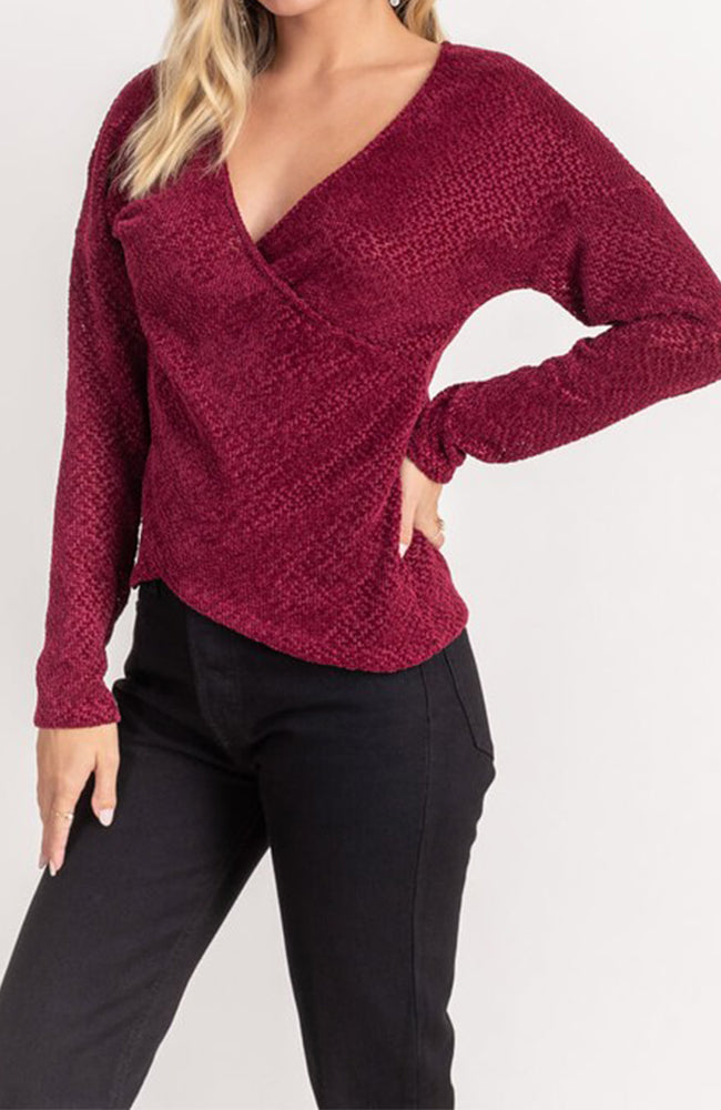 Chenille Crossover Surplice Sweater In Burgundy By Lush
