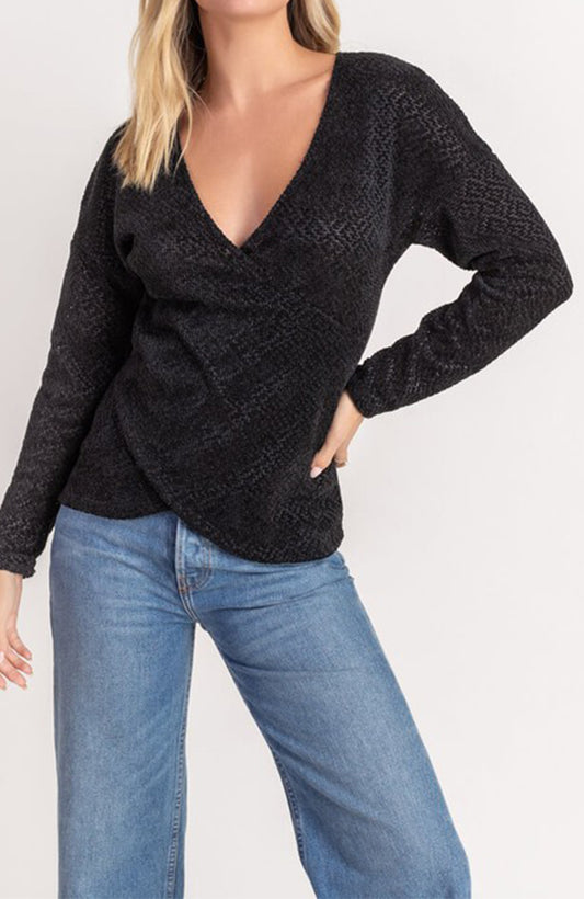 Chenille Crossover Surplice Sweater In Black By Lush