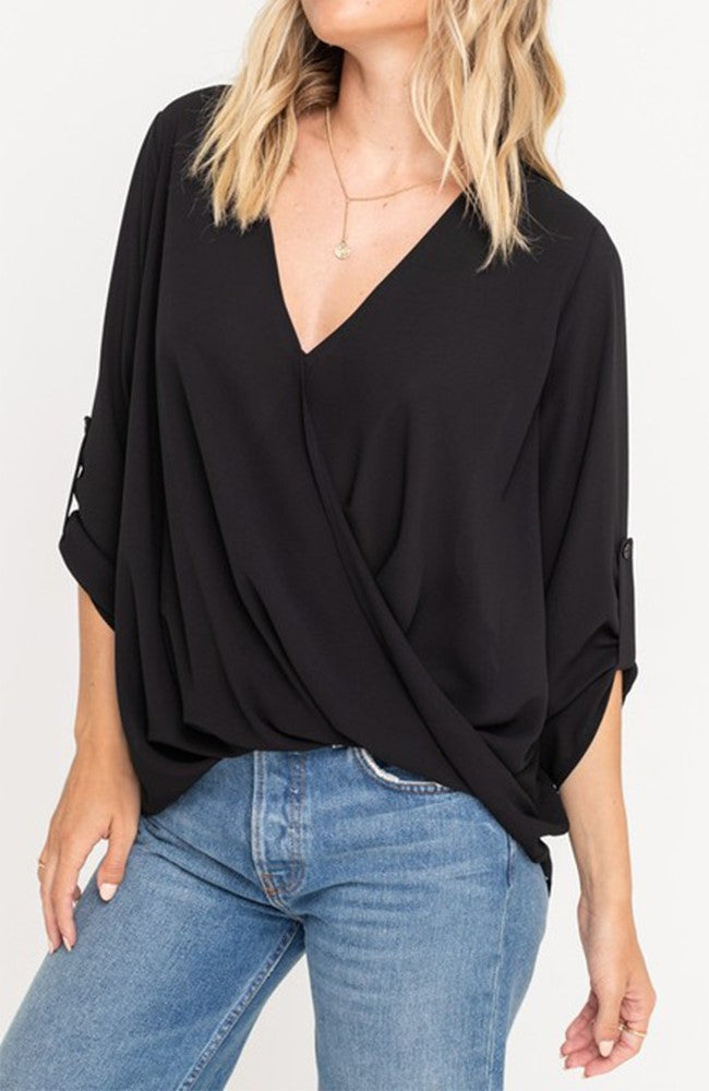 Surplice Blouse With Tabs Sleeves in Black By Lush