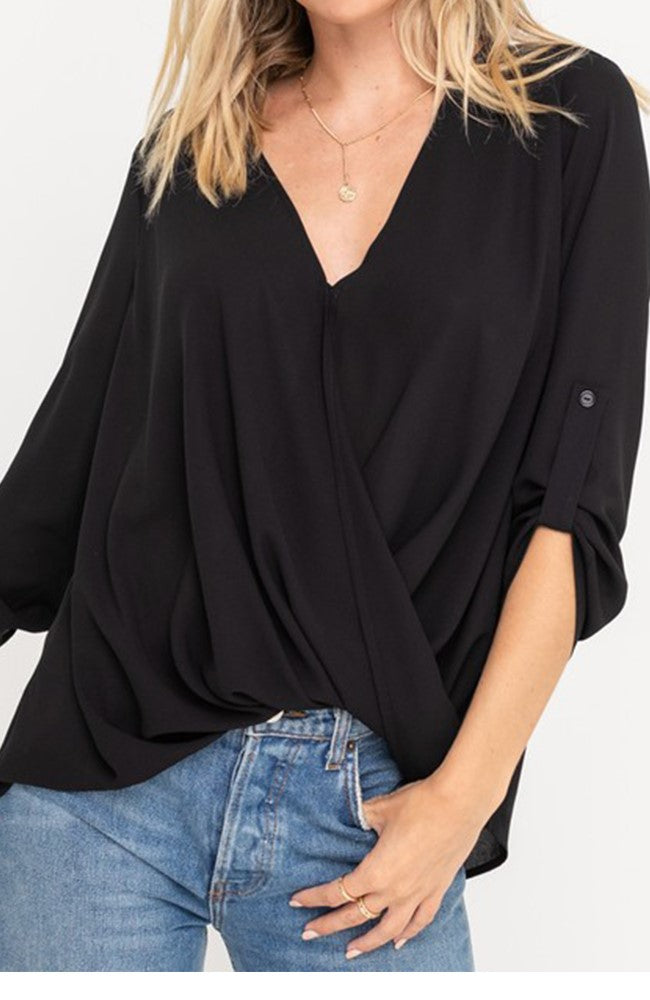 Surplice Blouse With Tabs Sleeves in Black By Lush
