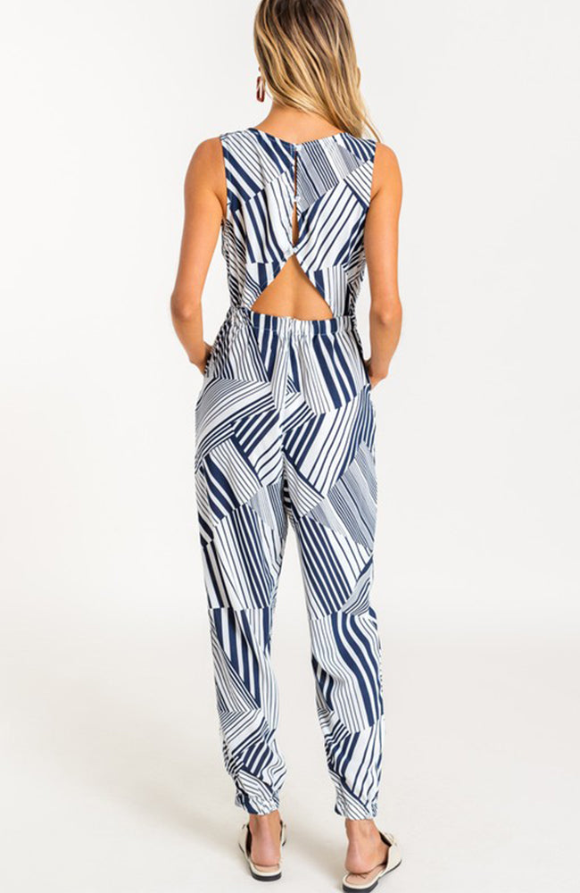Navy and White Geometric Jumpsuit Romper By Lush
