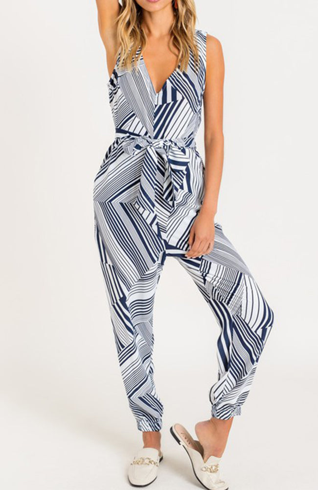 Navy and White Geometric Jumpsuit Romper By Lush