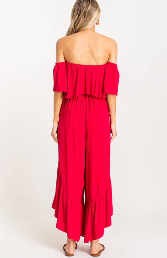 Red Ruffle Off The Shoulder Flowy Jumpsuit By Lush