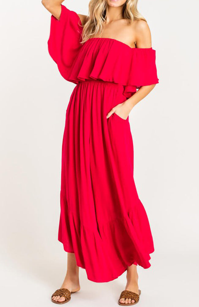 Red Ruffle Off The Shoulder Flowy Jumpsuit By Lush