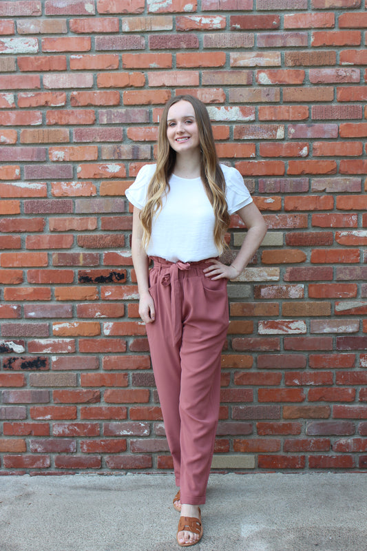 Paperbag Tie Waist  Trousers Slacks Pants in Mauve