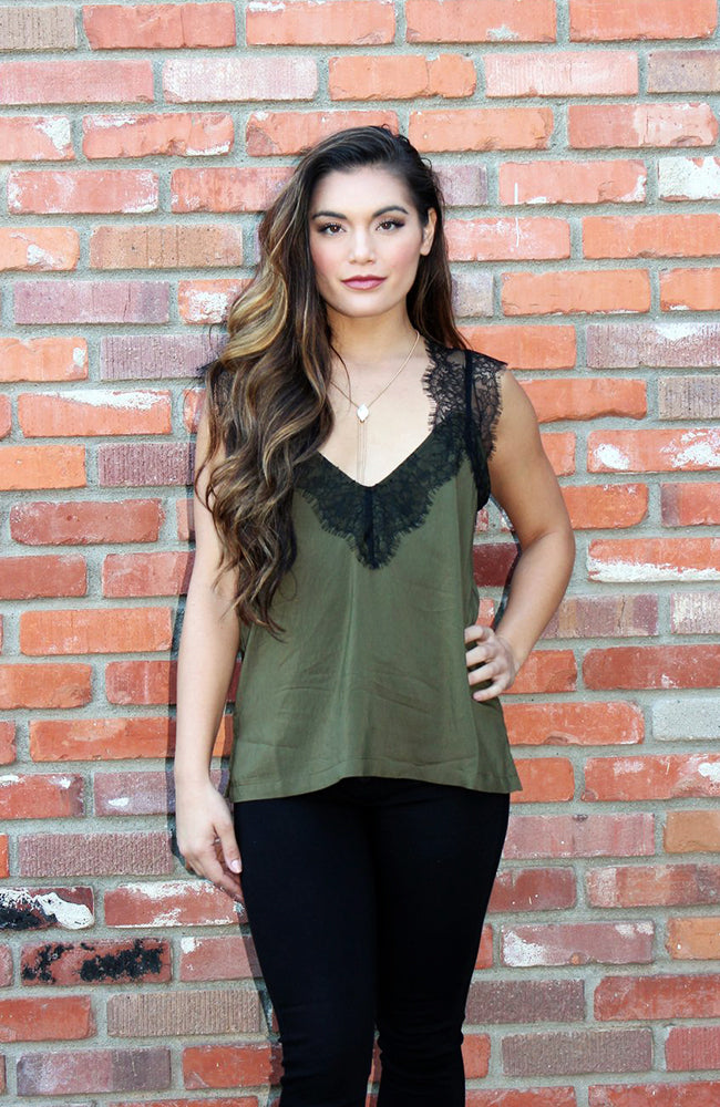 Lingerie Inspired Camisole In Olive With Black Lace Applique 