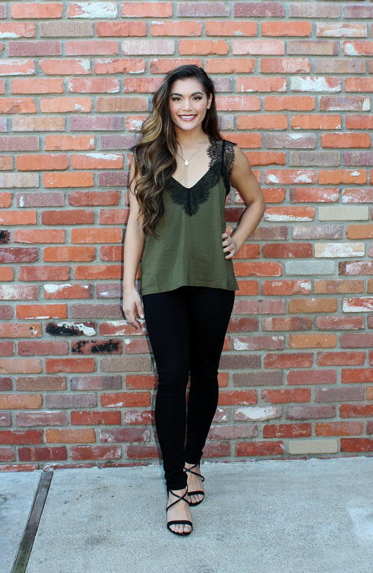 Lingerie Inspired Camisole In Olive With Black Lace Applique 