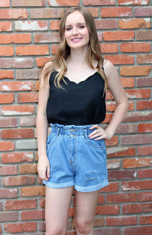 High Waist Distressed Denim Shorts in Blue Denim