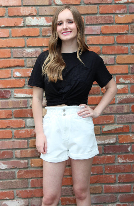 High Waisted Distressed Denim Shorts in White