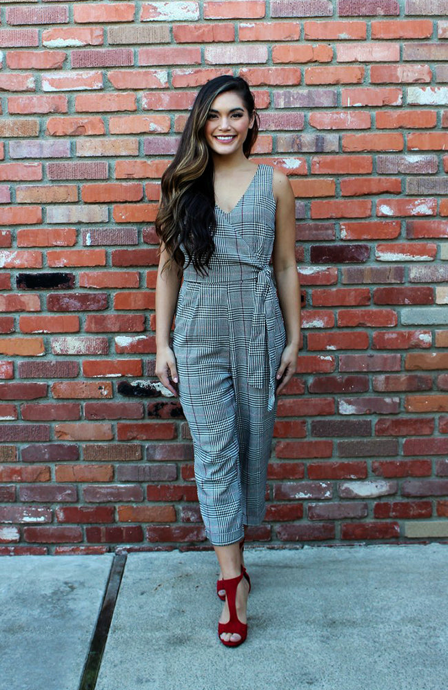 Red, Black, And White Plaid Houndstooth  Pocketed Jumpsuit With Wrap Design Top And Side Tie