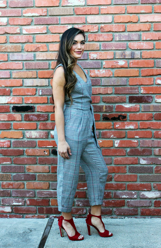 Red, Black, And White Plaid Houndstooth  Pocketed Jumpsuit With Wrap Design Top And Side Tie