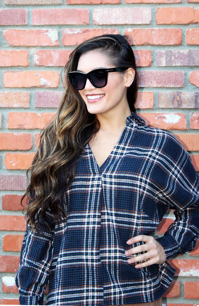 Blue And Copper Collared Plaid Top With Slight Dolman Sleeves