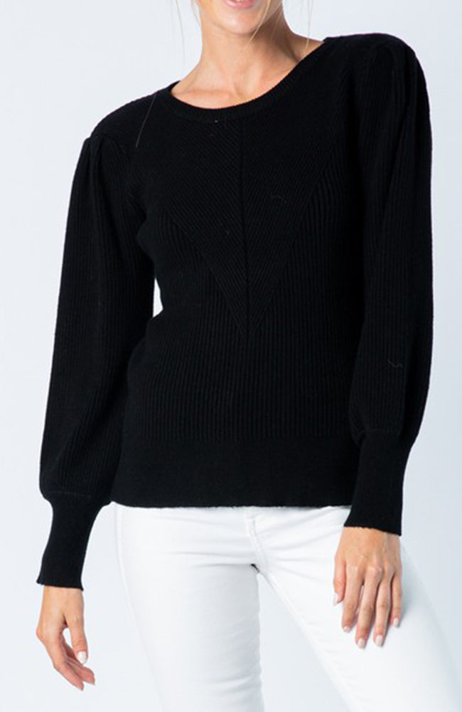 Black Crew neck sweater with puff balloon sleeves and fitted bodice