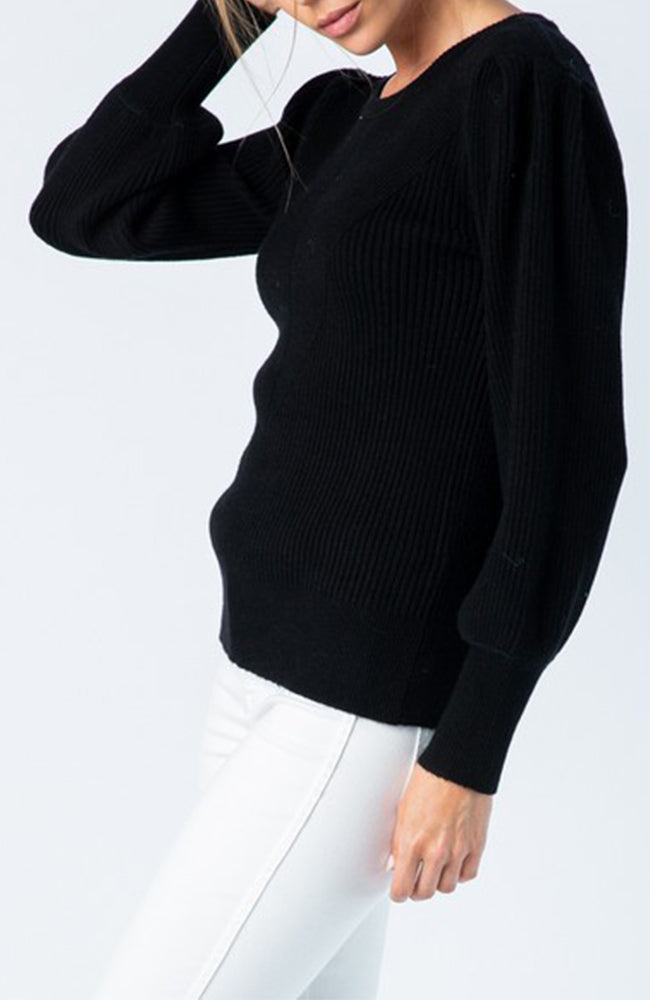 Black fitted crew neck sweater with puff balloon sleeves 