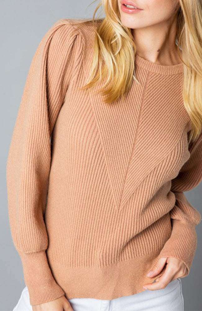 Tan Crew Neck Sweater With Puff Balloon Sleeves
