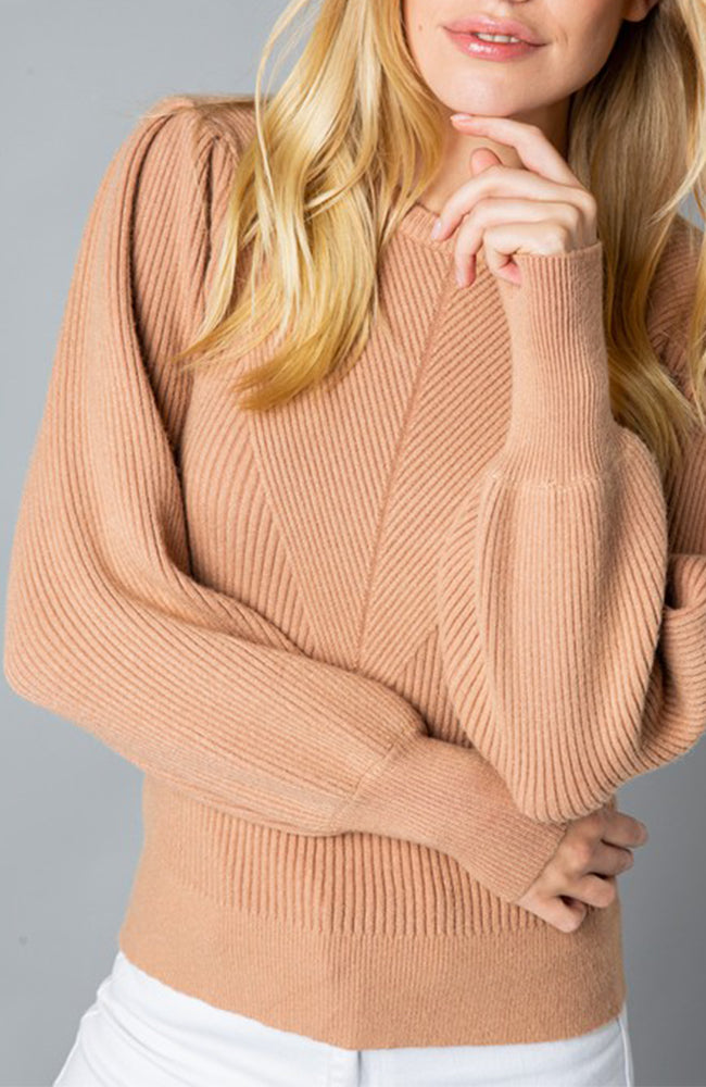 Tan Crew Neck Sweater With Puff Balloon Sleeves