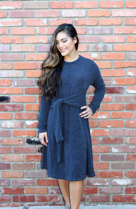 Sweater Dress With Tie Waist In Slate