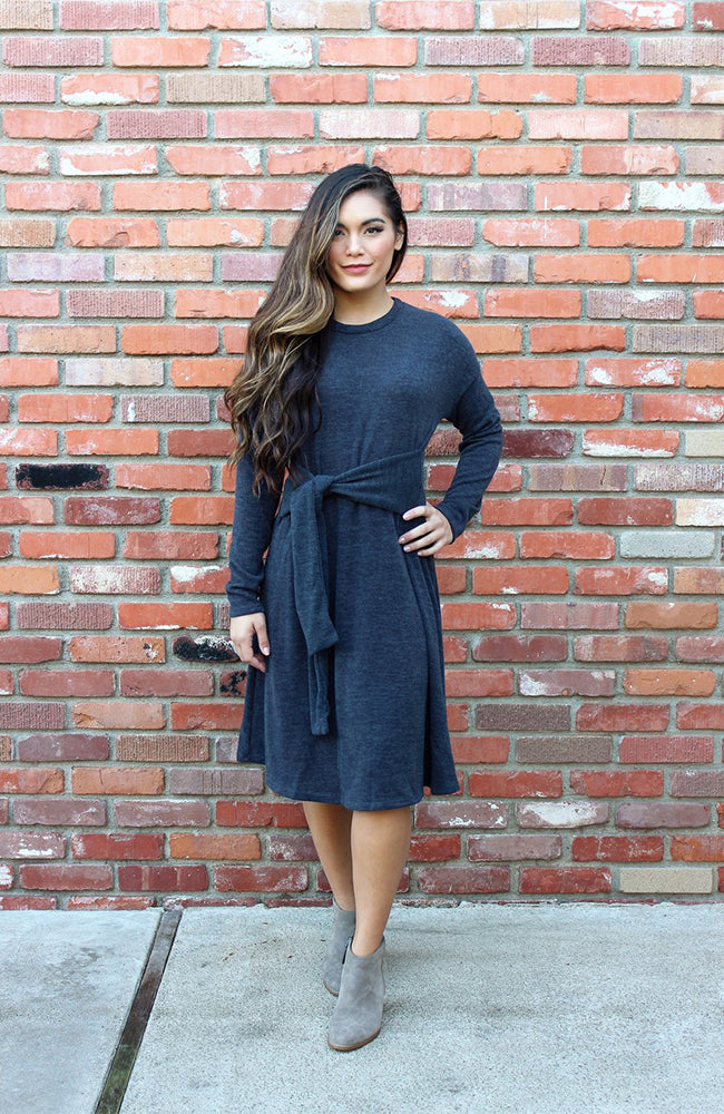 fancy sweater dress Fancy That Sweater Dress with Tie Waist in Slate – Legacy Clothing Boutique