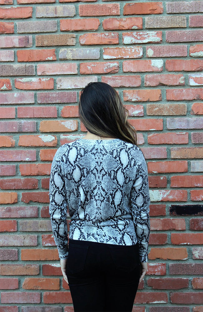 Grey and Black Snakeskin Print Sweater With Tie Waist By Olivaceous