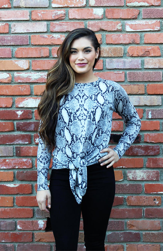 Grey and Black Snakeskin Print Sweater With Tie Waist By Olivaceous