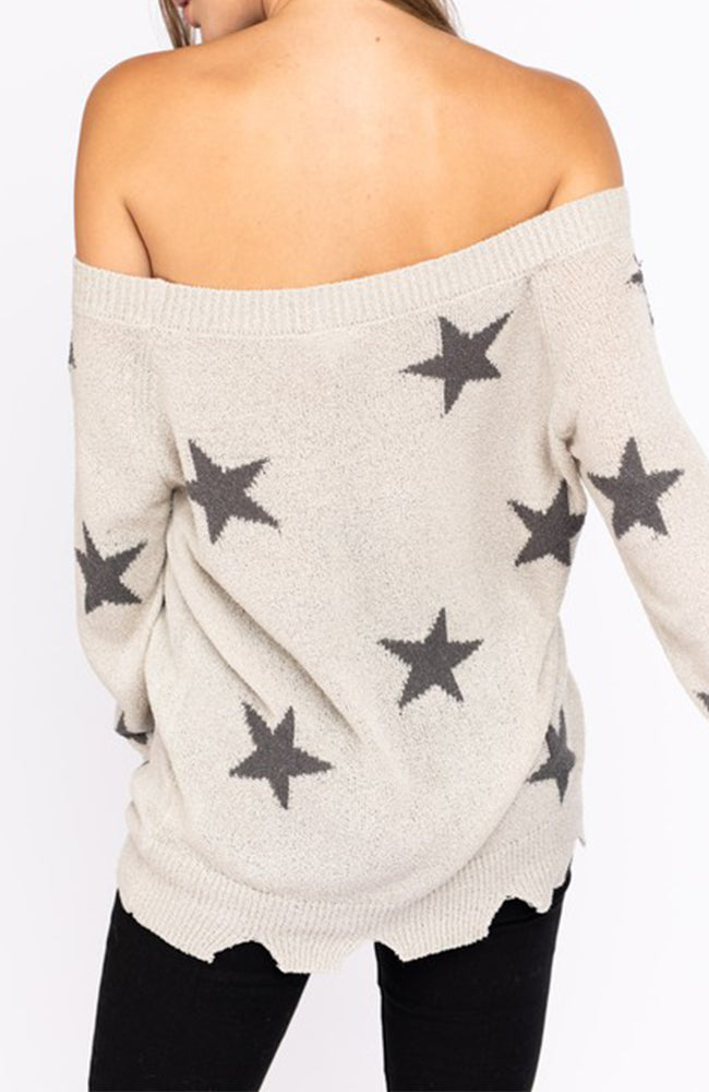 Grey Star Distressed Slouchy Off The Shoulder Sweater Back