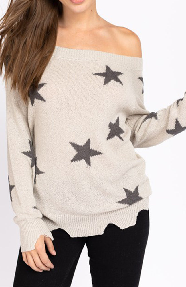 Star Distressed Slouchy Off The Shoulder Sweater Front