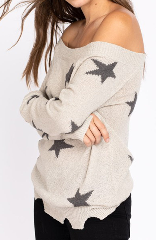 Star Distressed Slouchy Off The Shoulder Sweater Side