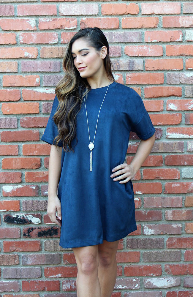 Vegan Suede Shift Dress With Pockets in Blue
