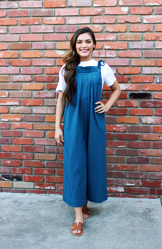 Teal Jumpsuit With Tie Shoulder Straps, Culotte Length, And Wide Leg Silhouette 