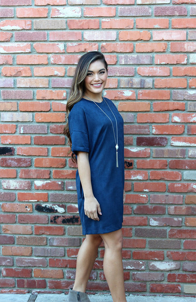 Vegan Suede Shift Dress With Pockets in Blue