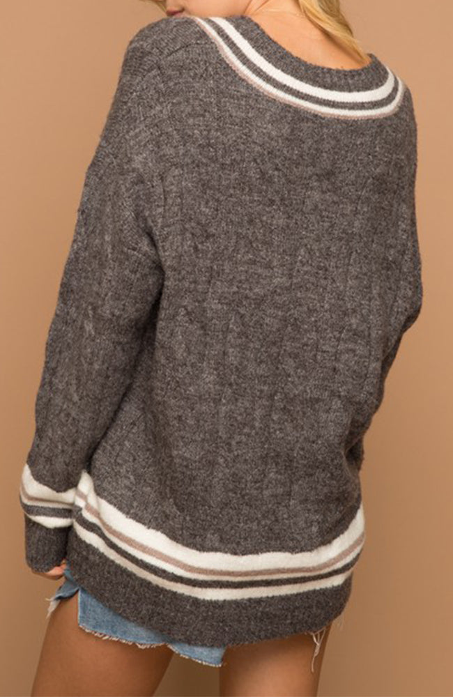 Gray and Taupe V Neck Varisty Sweater 