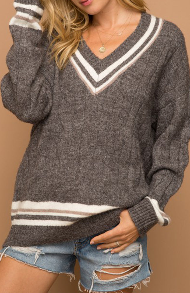 Gray and Taupe V Neck Varisty Sweater 