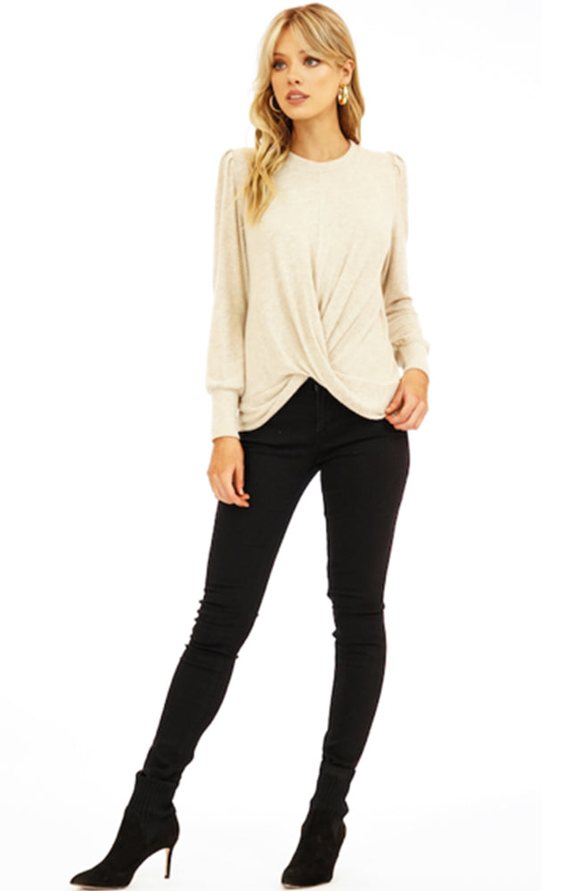 Puff Sleeves Knott Front Sweater in Oatmeal By Veronica M